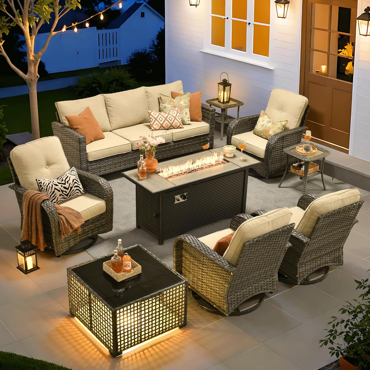 9 Pieces Patio Furniture Set, Outdoor Wicker Sofa Couch with Rocking Swivel Chairs Fire Pit Table