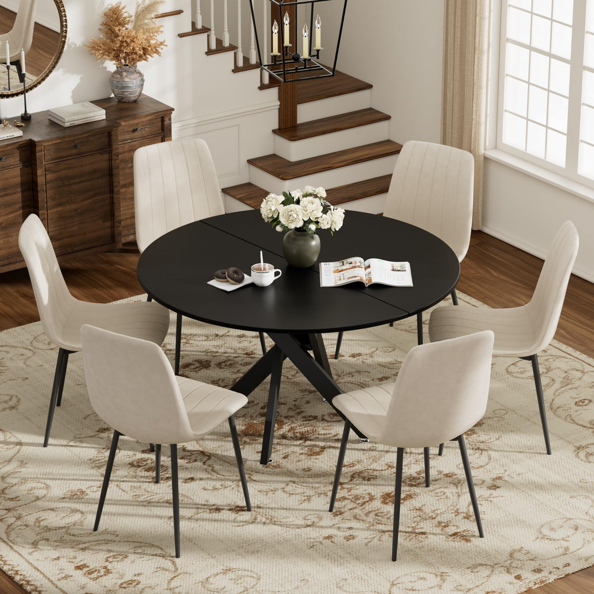 Inspired Saarinen Style 47" Modern Round Kitchen Table for 2-6, Save Space Black Wooden Circle Dining Table with Wooden Table Top &