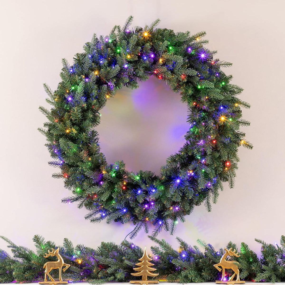 3 Pack 32"D Pre-Lit Artificial Christmas Wreath, Greenery Pine Wreath and Matching Set of 2 9ft Christmas Garlands