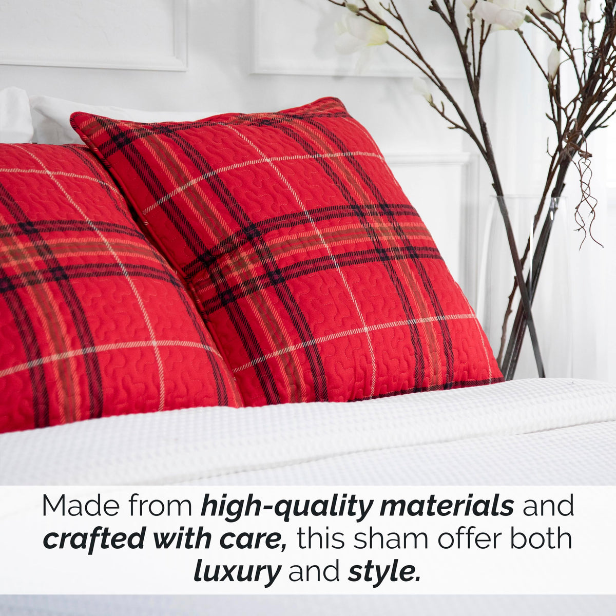 Euro Quilted Pillow Shams Covers 26x26 Inch, Set of 2 Vilano Plaid Red
