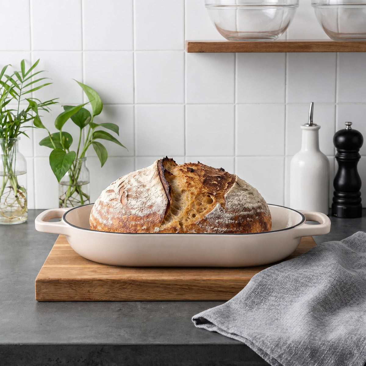 Enameled Cast Iron Dutch Oven Pot with Dome Lid, Oval Bread Oven made Sourdough Bread Baking, Oven Safe up to 500°F