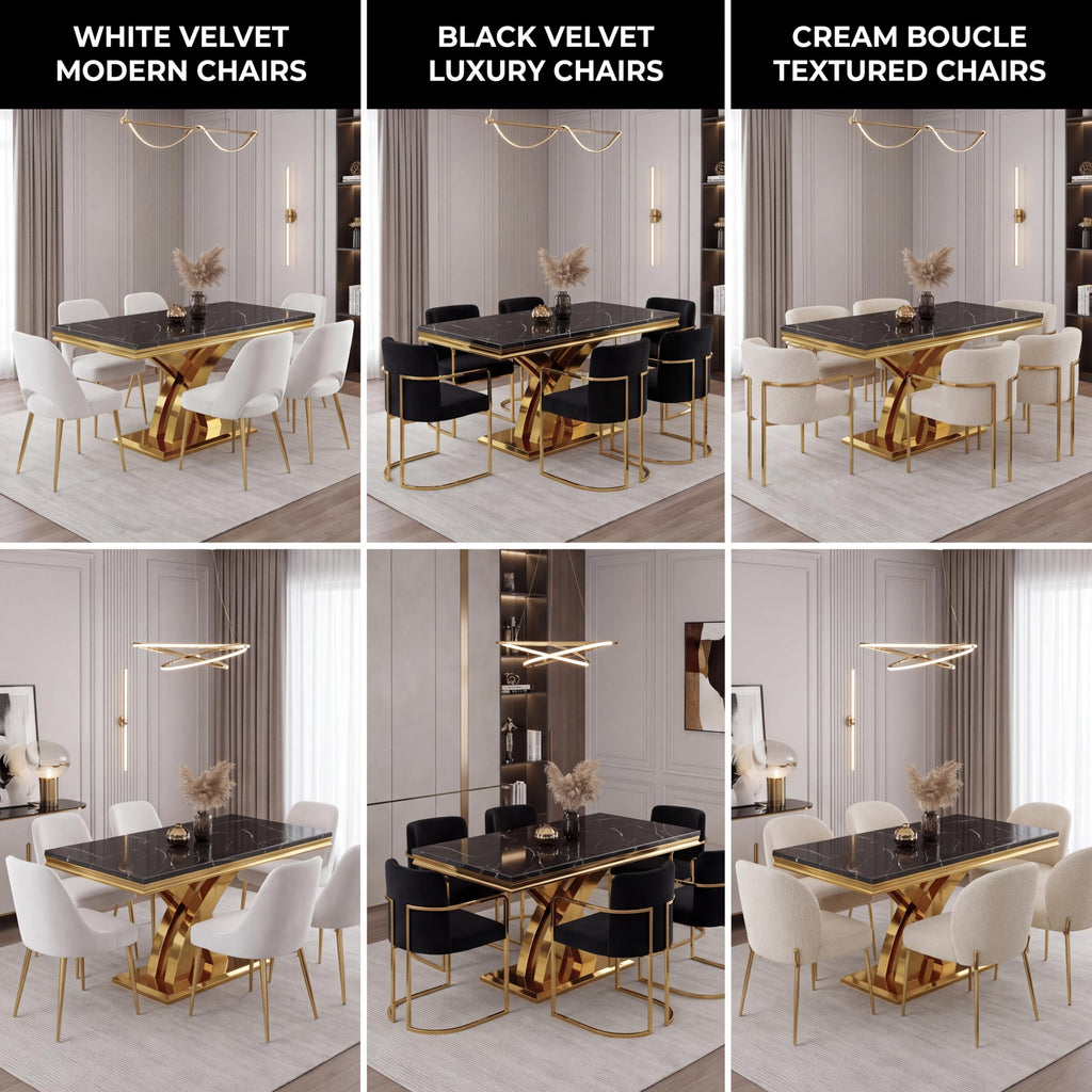 65" Black Faux Marble Dining Table with Polished Gold X-Cross Base