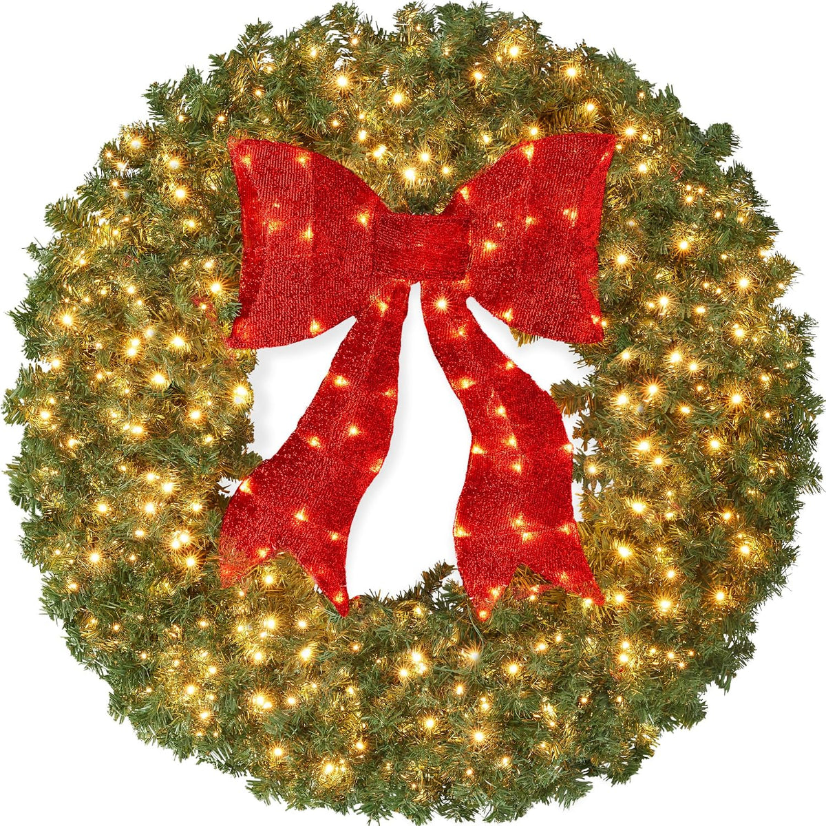 60in Large Artificial Pre-Lit Fir Christmas Wreath Holiday Accent Decoration for Door, Mantel w/Red Lighted Bow, 375