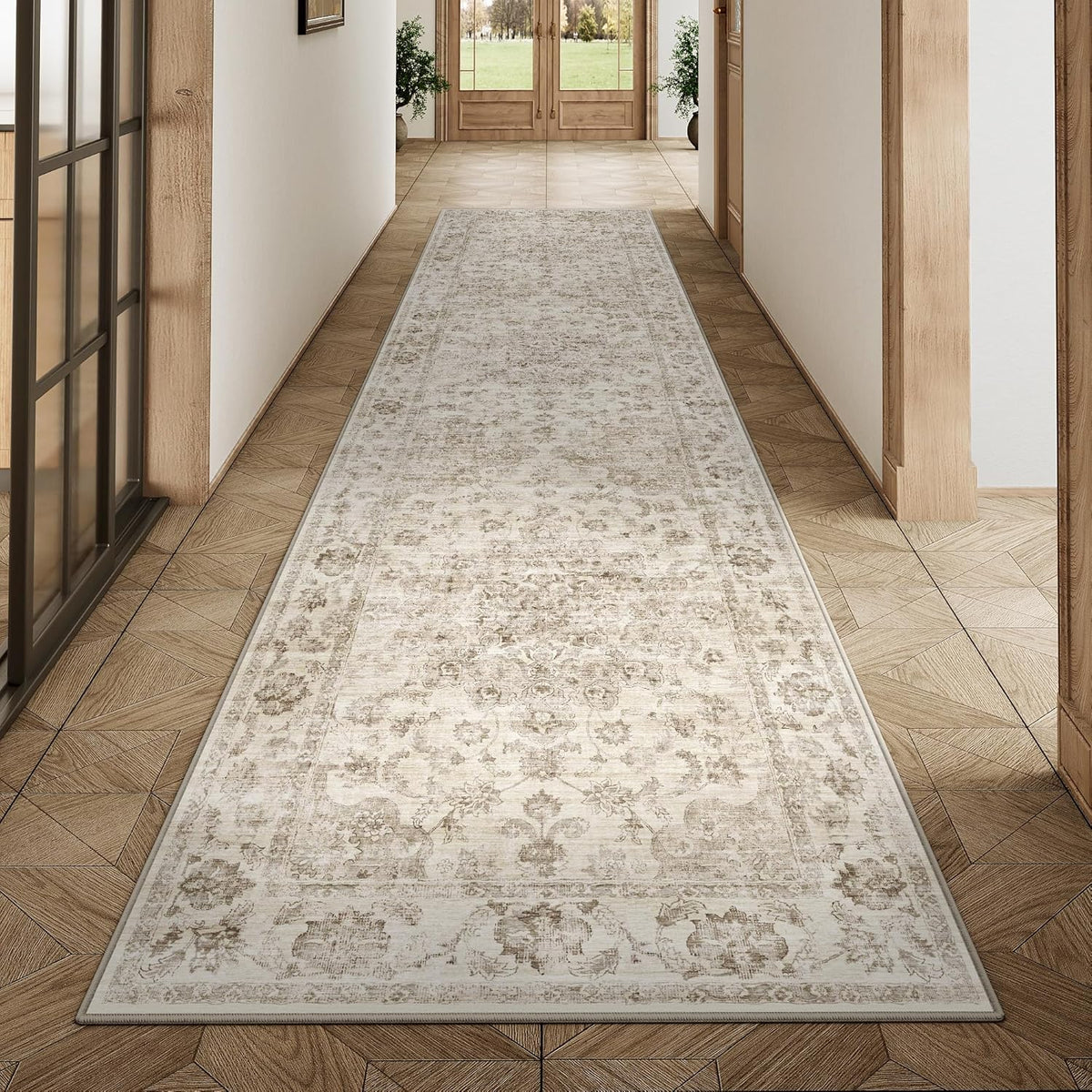 Washable Neutral Runner Rug Beige Vintage Hallway Kitchen Carpet Non-Slip Soft Low Pile Farmhouse Throw Rug for Bedroom Bathroom Laundry Living Room
