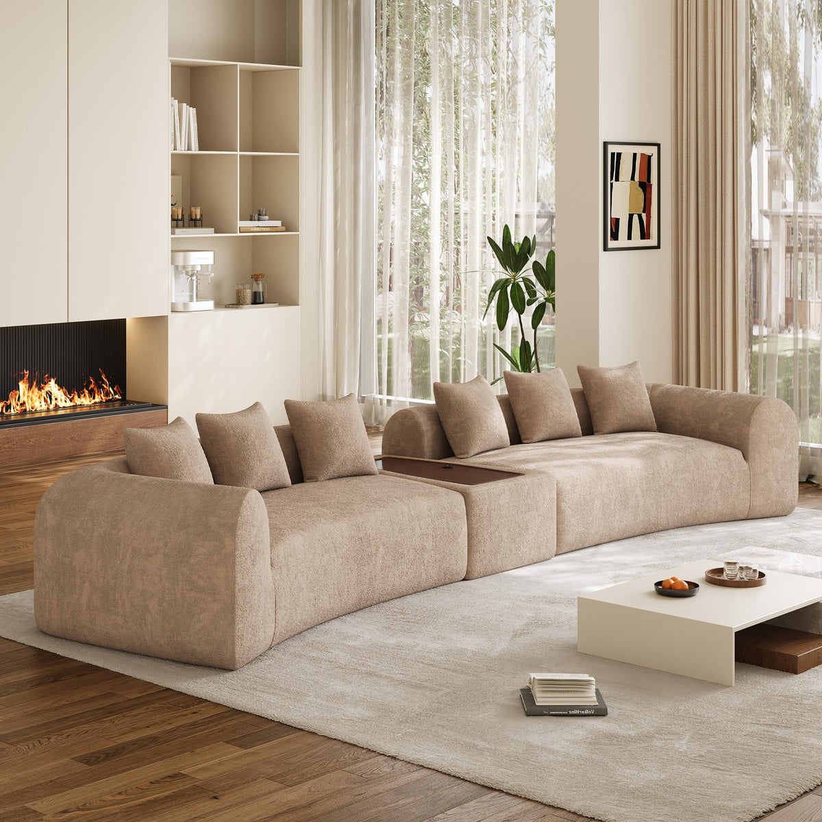 177" Oversized Curved Sectional Sofa, Chenille Cloud Couch, Camel