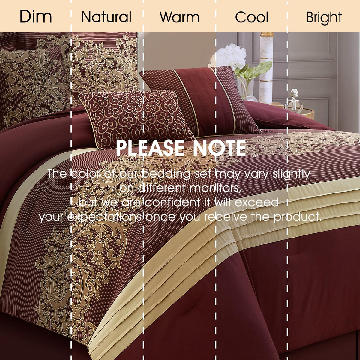 Red Gold Comforter Set, Damask Jacquard with Matching Solid Piece Work, 7 Piece Soft Bedding Set for All