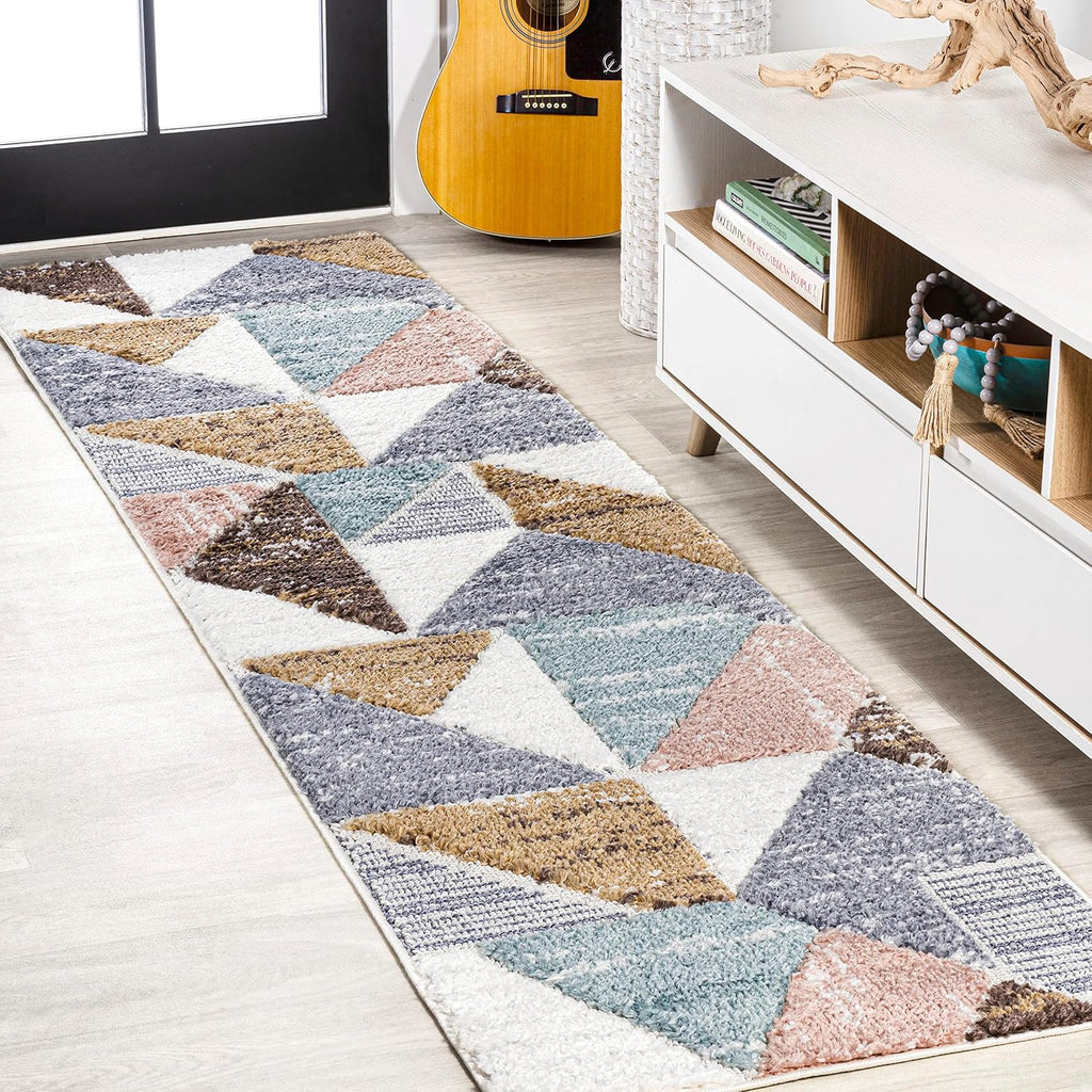 Colorblock Carved High-Low Multi Runner Rug 2X8 ft, Aileen Geometric Scandi, Easy-Cleaning, High Traffic