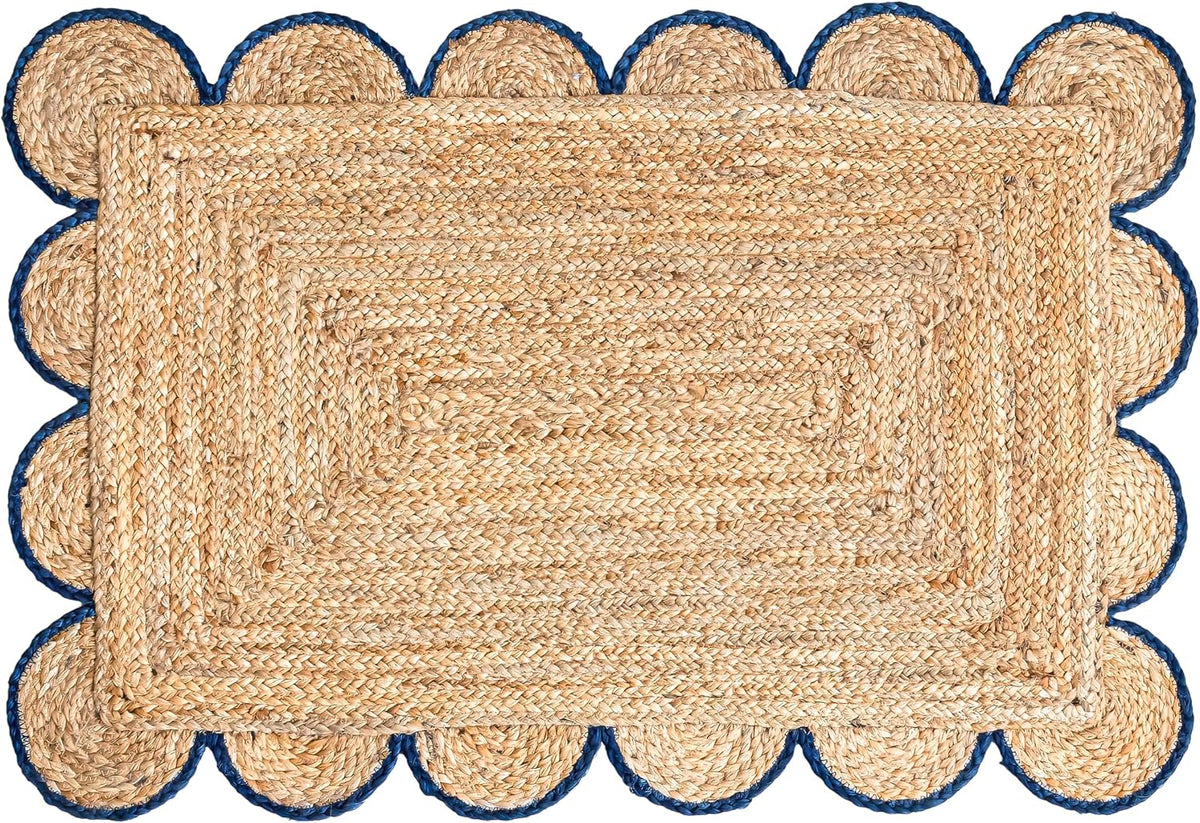 Scalloped Natural Jute Area Rug, Navy Trim