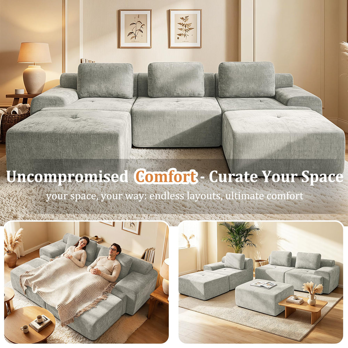 122" Oversized Boneless Couch, Comfort Cloud Sectional Couches, Modular Sofa High Back & Extra Deep Seat, No