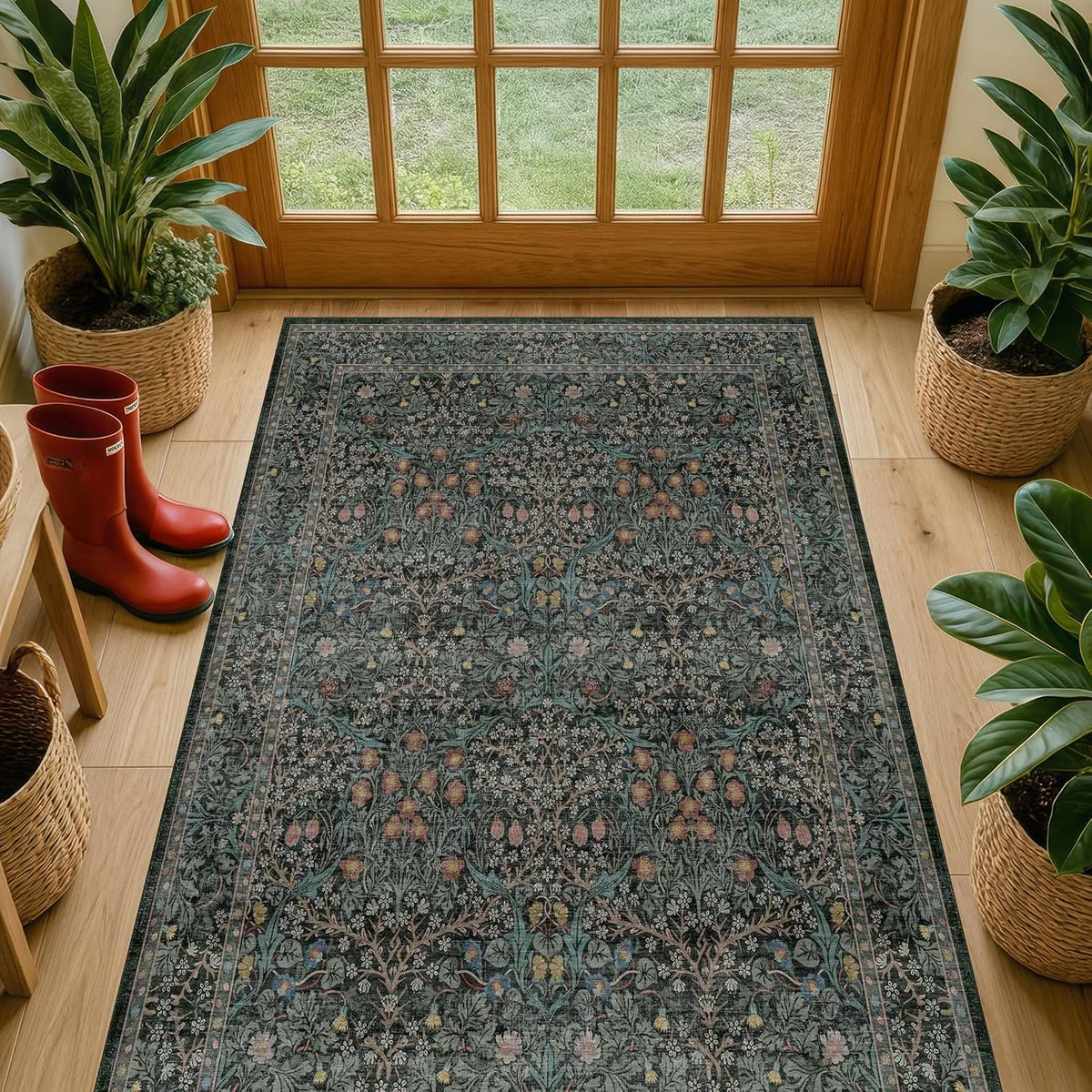 Vintage Floral Dark Green Area Rugs Beside Rug, Laundry Room, Non-Slip Low Pile Ultra Soft Stain Resistant Small