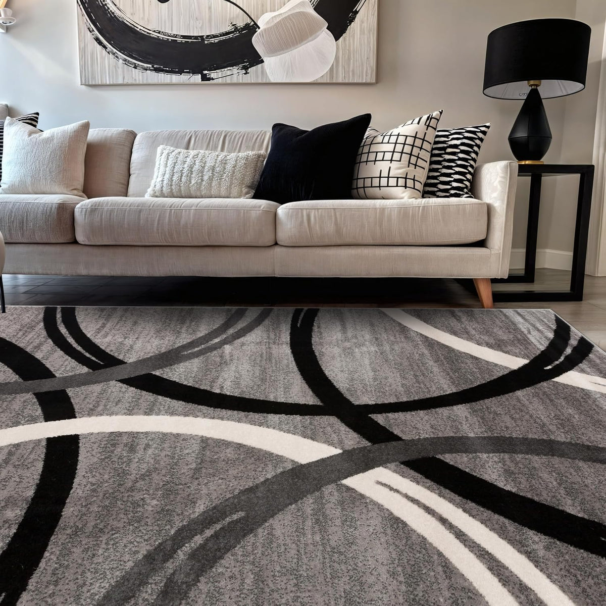 Wavy Circles Fade-Resistant Living Room Area Rug Gray