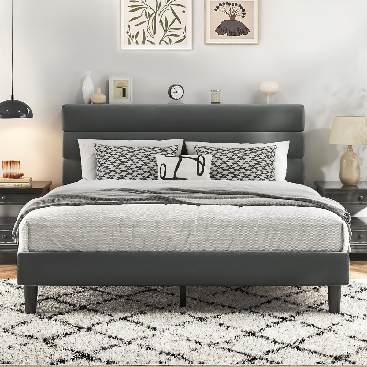 Queen Bed Frame, Platform Bed Frame with Velvet Upholstered Headboard, No Box Spring Needed, Sturdy Metal Support