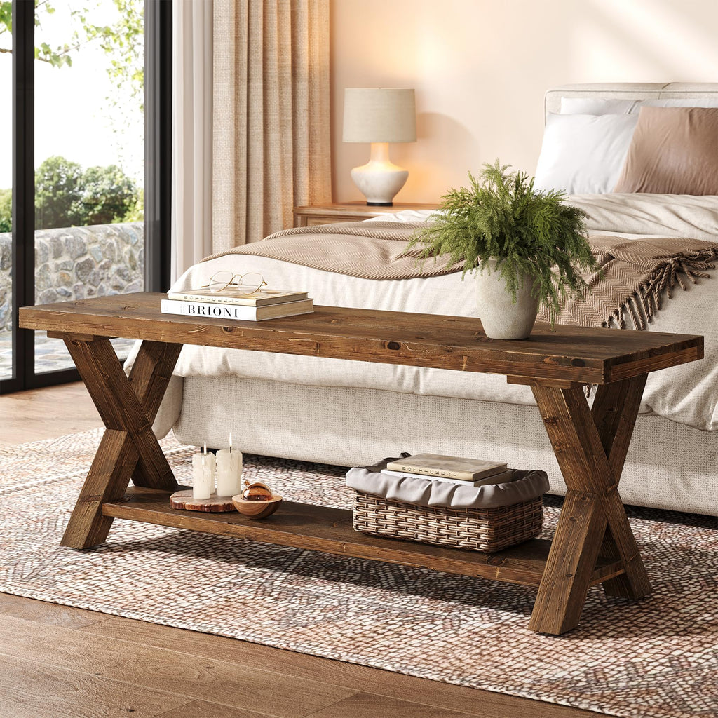 43.3" Solid Wood Bench, Farmhouse Wooden Entryway Bench with Storage Shelf, X-Shaped Leg Design, Entry Way Shoe