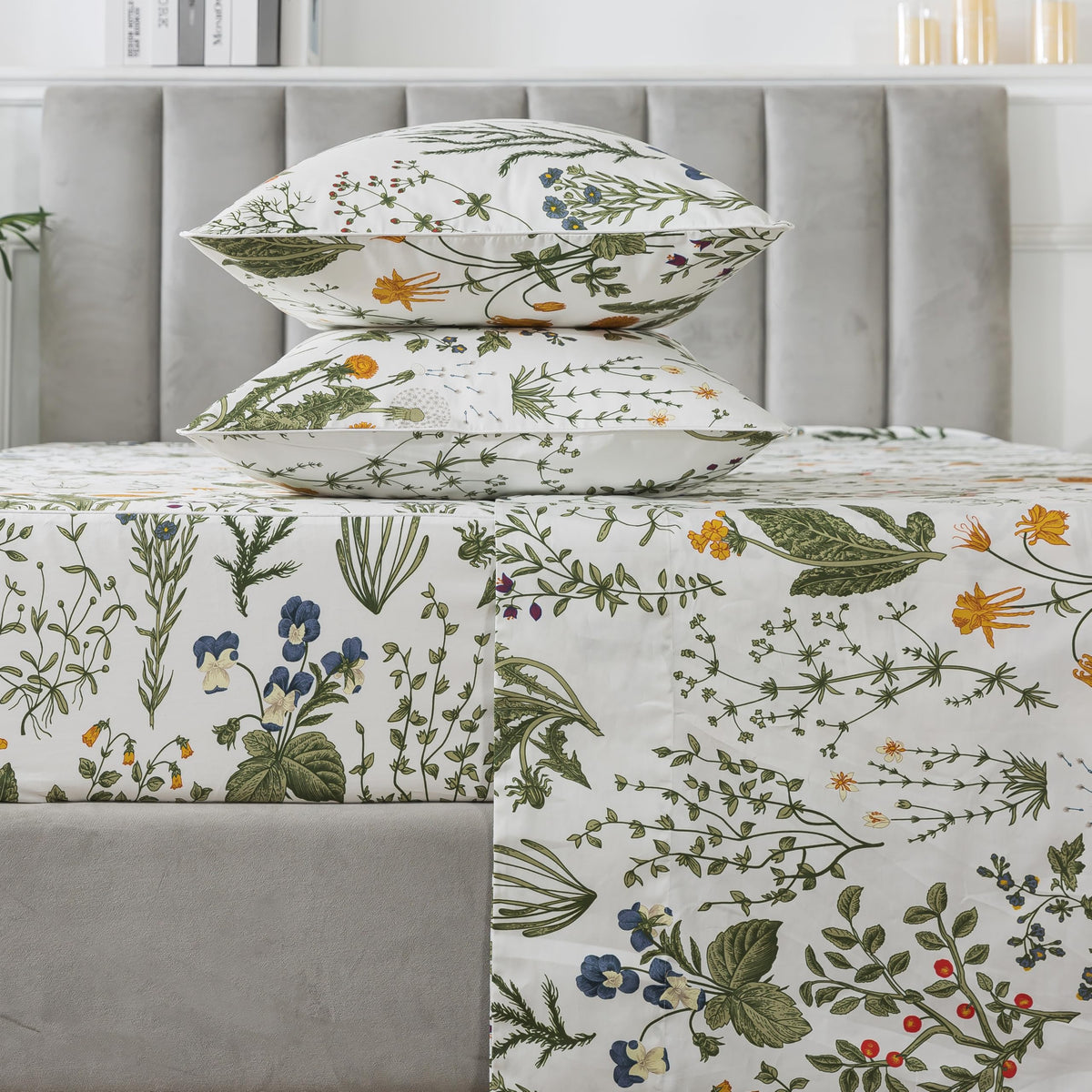100% Egyptian Cotton Sheets Queen Botanical Printed Floral Sheets Yellow Flowers & Leaves Pattern Farmhouse Bedding