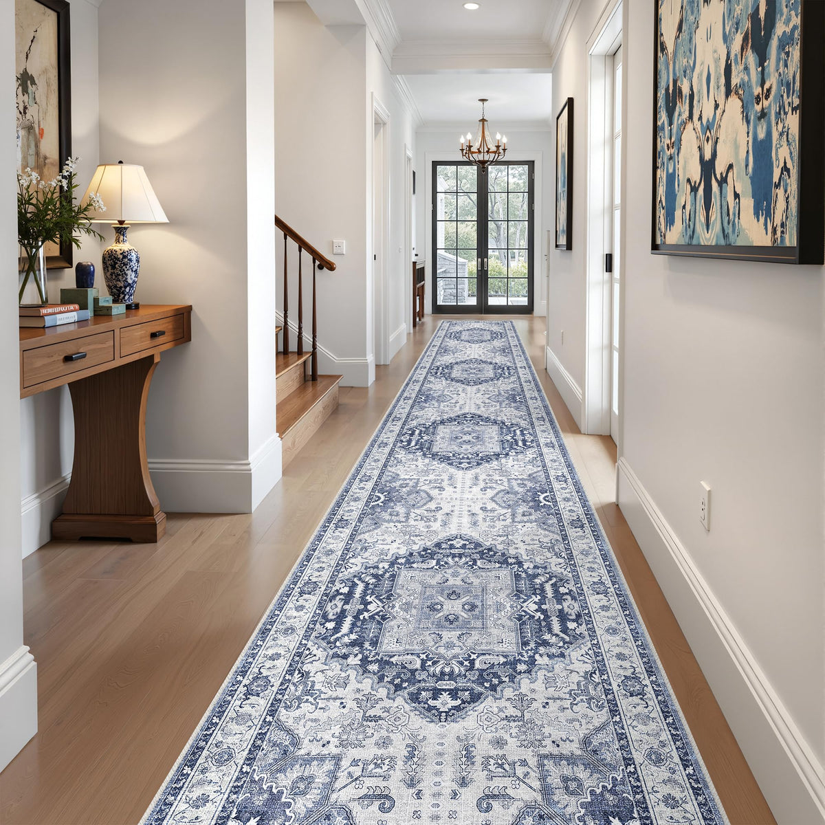 Washable 2.6x16 Runner Rug, Non Slip Long Hallway Runner Navy/Blue