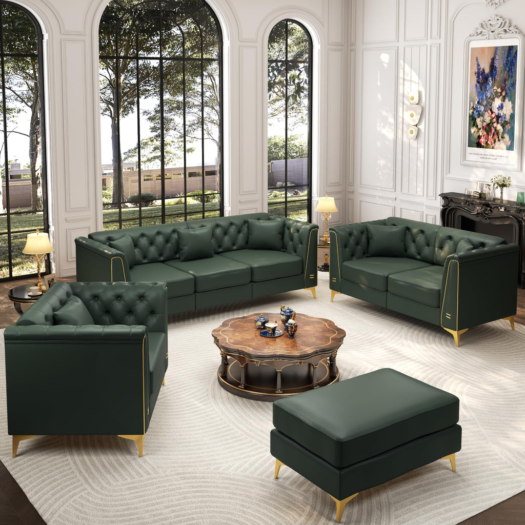 Faux Leather Sofas, 3-Piece Couch Set with Ottoman, Green