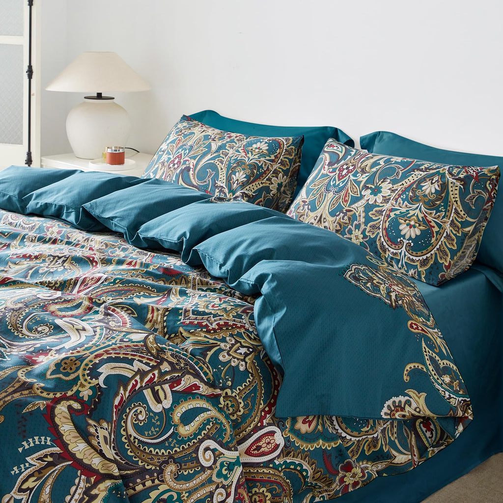 Teal Bohemian Duvet Cover King 100% Egyptian Cotton 3 Pcs Set 1 Boho Damask Patterned Duvet Cover with Zipper Ties 2