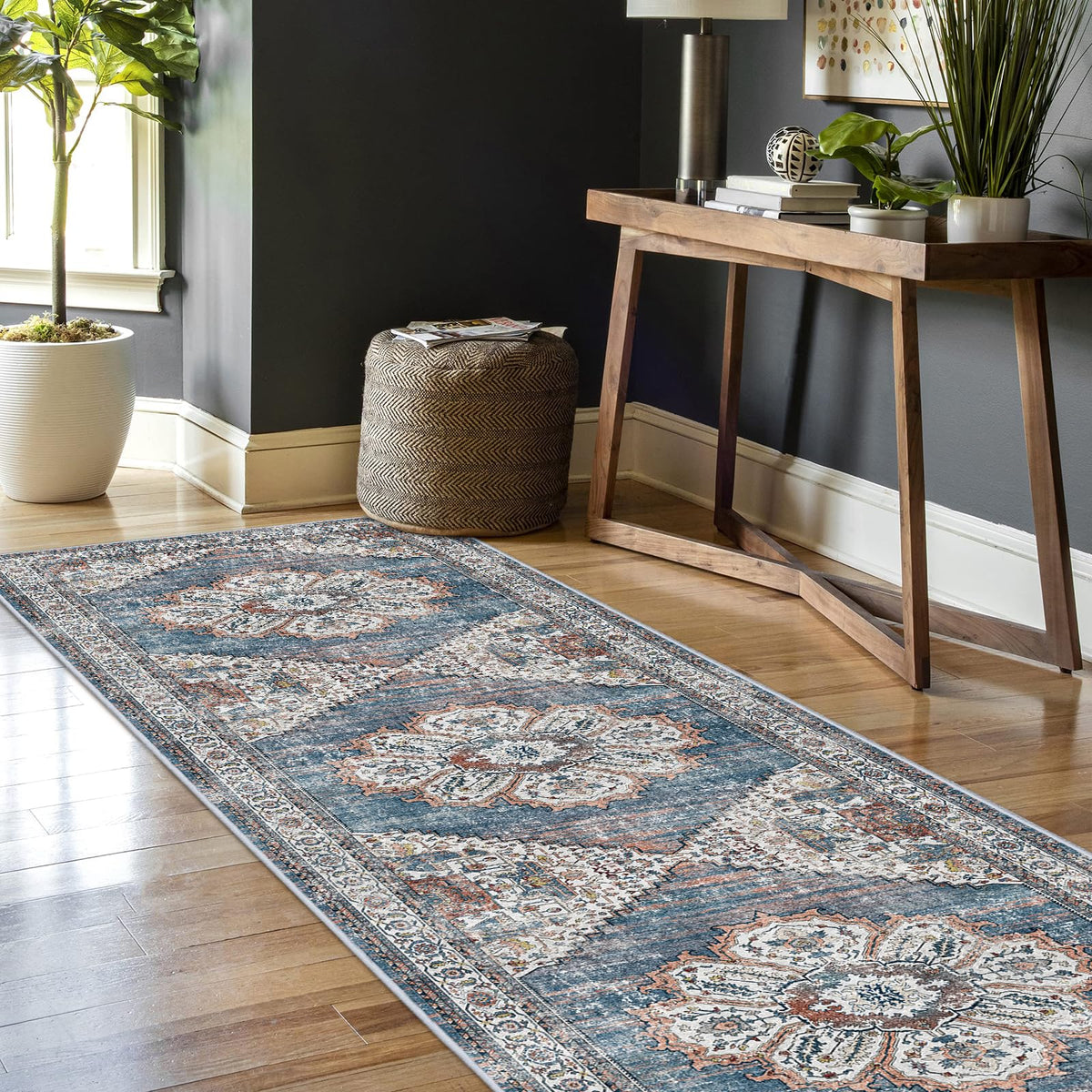 Washable Kitchen Runner Rug 2'6''x12' - Non-Slip Hallway Entryway Rugs with Rubber Backing Soft Thin Carpet Vintage