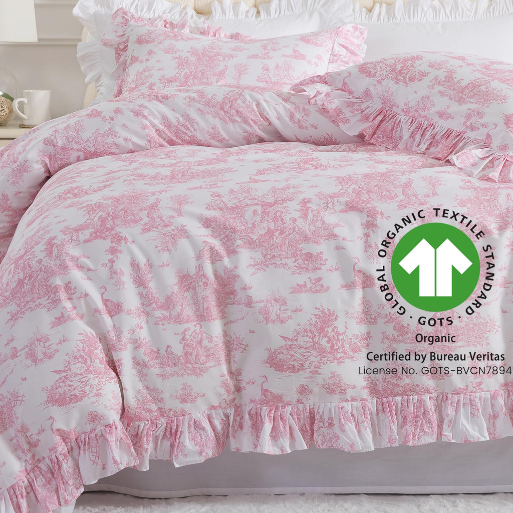 French Country Toile Duvet Cover Set Organic Cotton Farmhouse Bedding Set Pink Pastoral Pattern Breathable
