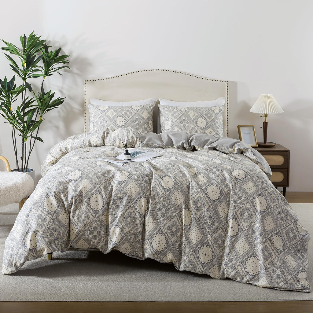 Duvet Cover King Size - 100% Cotton Comforter Cover, Checked Bed Linen Sets with Zipper Closure and Corner Ties