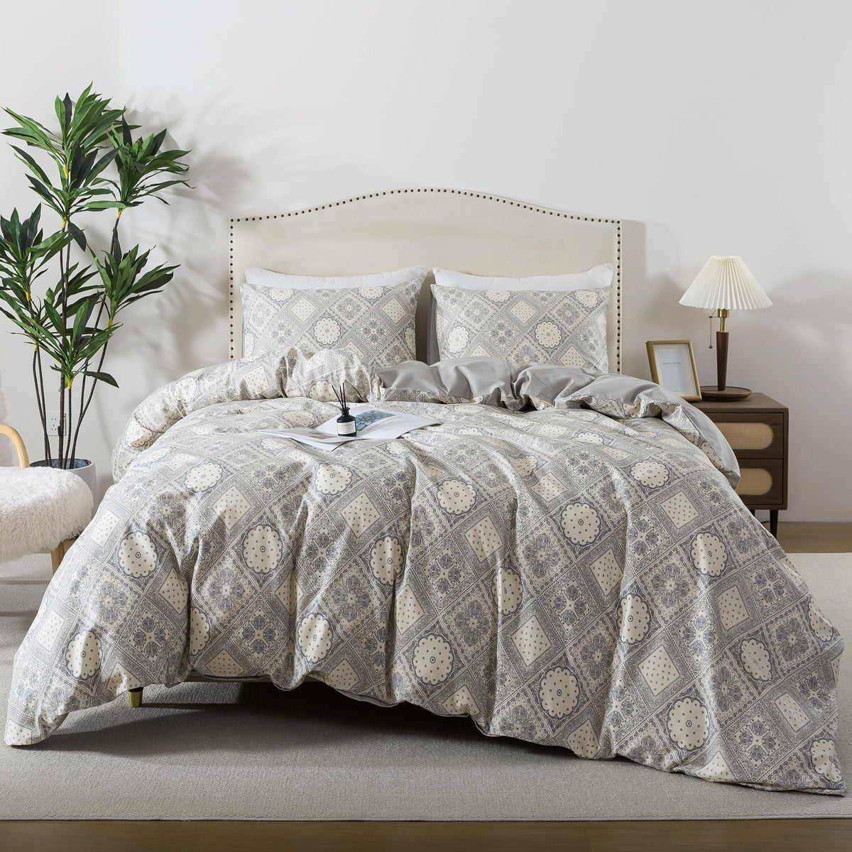 Duvet Cover King Size - 100% Cotton Comforter Cover, Checked Bed Linen Sets with Zipper Closure and Corner Ties