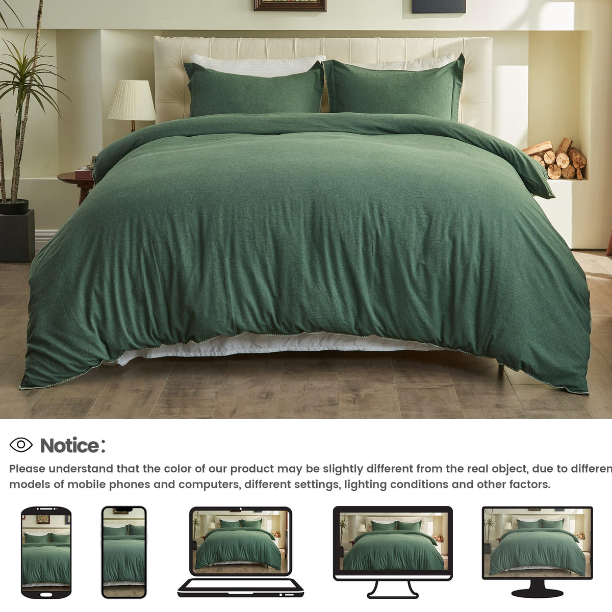 100% Washed Cotton Duvet Cover Set 3 Pieces with Triangle Hem Solid Colour Linen Durable, Breathable, Soft