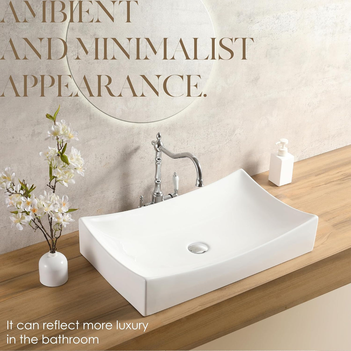 25"x15" Rectangular Bathroom Sink,White Vessel Sink Above Counter Porcelain Ceramic Vessel Sinks for Bathrooms