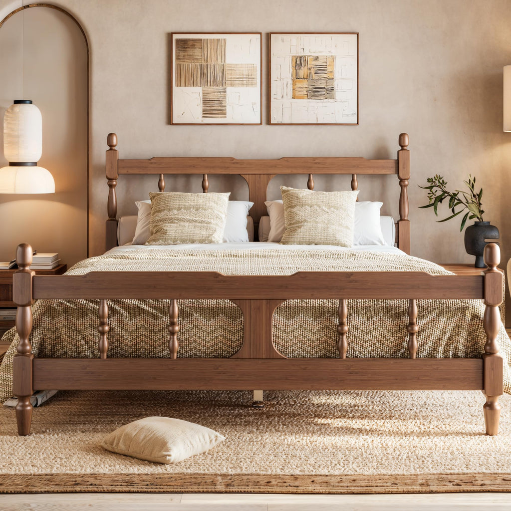 Queen Vintage Wood Spindle Post Bed, Bamboo Platform Bed, Brown