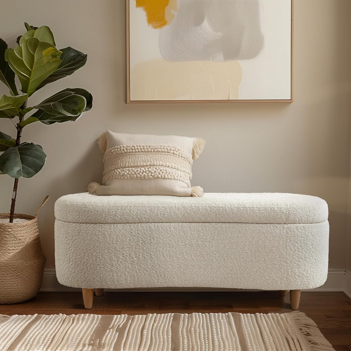 Boucle-Style Curved Storage Accent Bench