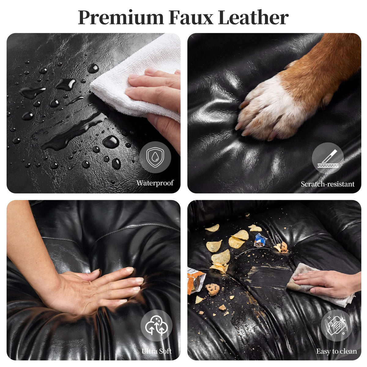 124" Black Leather U Shape Cloud Couch, 3 Seat Modular Sectional Sofa