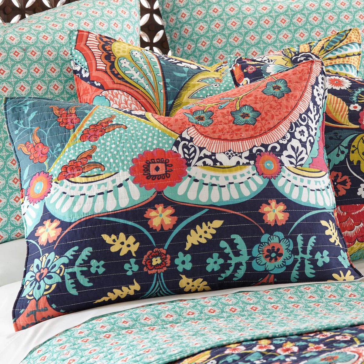 Jules Quilt Set - Quilt (106x92in.) + Two Pillow Shams (36x20in.) - Bohemian - Teal, Orange