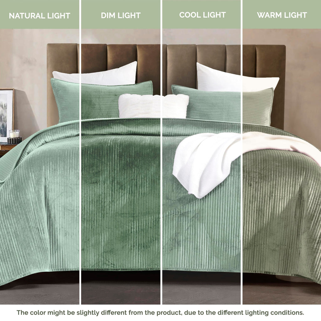Luxury 3-Piece Velvet Corduroy Stripe Quilt Set, Ultra Soft Bedspread - Cozy Velvet Coverlet Set - 3PC Medium Weight