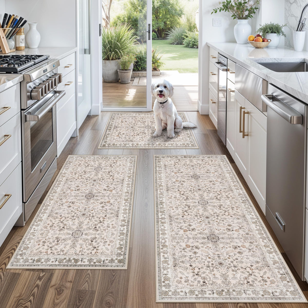 3-Piece Kitchen Rug Set of 3 with Runner - Non Slip Washable Boho Kitchen Mats for Sink, Floor, Entryway & Hallway