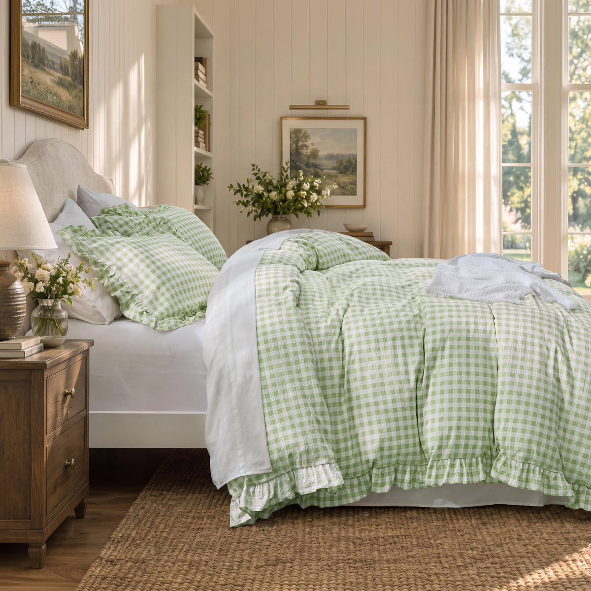 Gingham Ruffle Duvet Cover Set, King, Cotton-Like Bed, Sage Green
