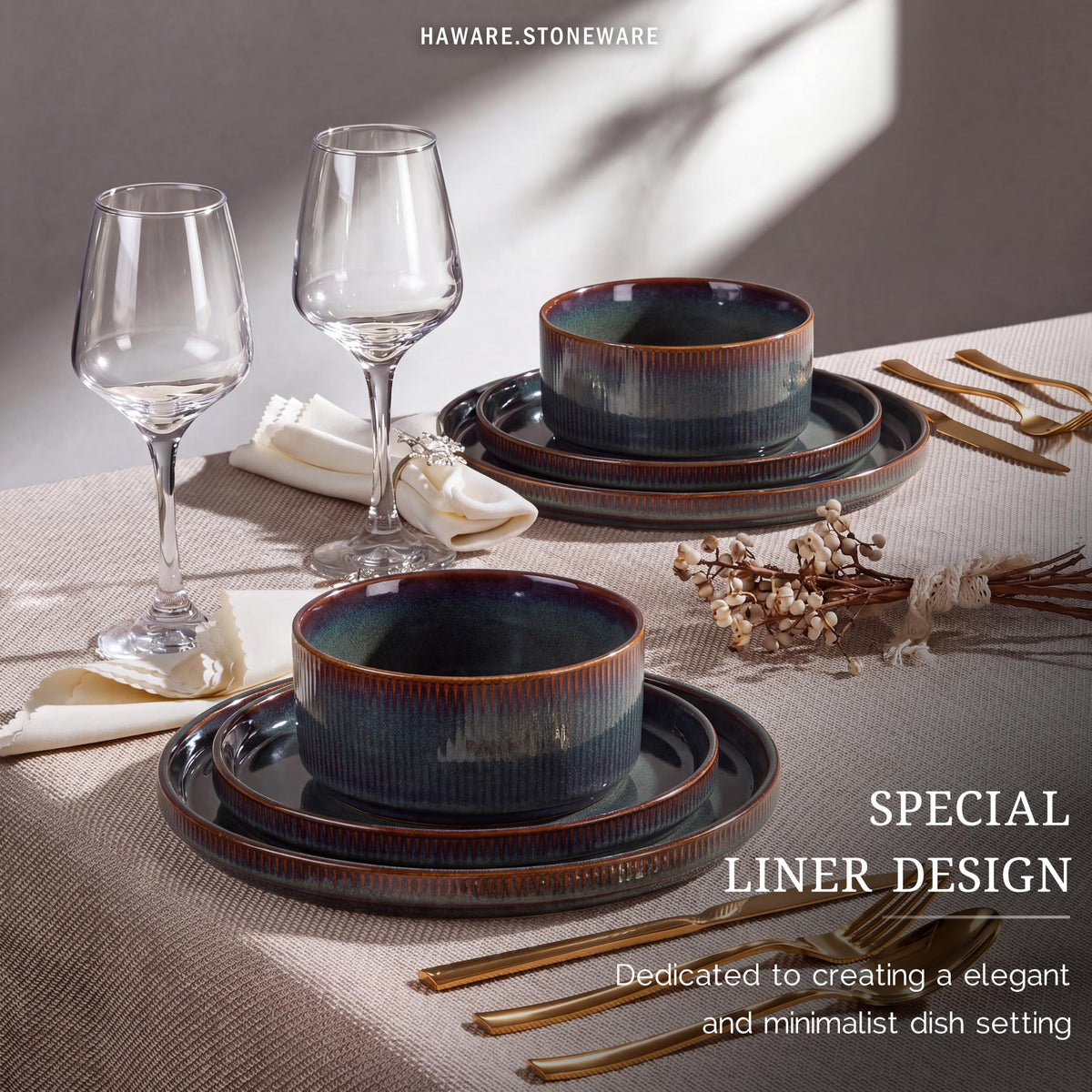 Dinnerware Sets, Plates and Bowls Set for 4, Reactive Pine Green