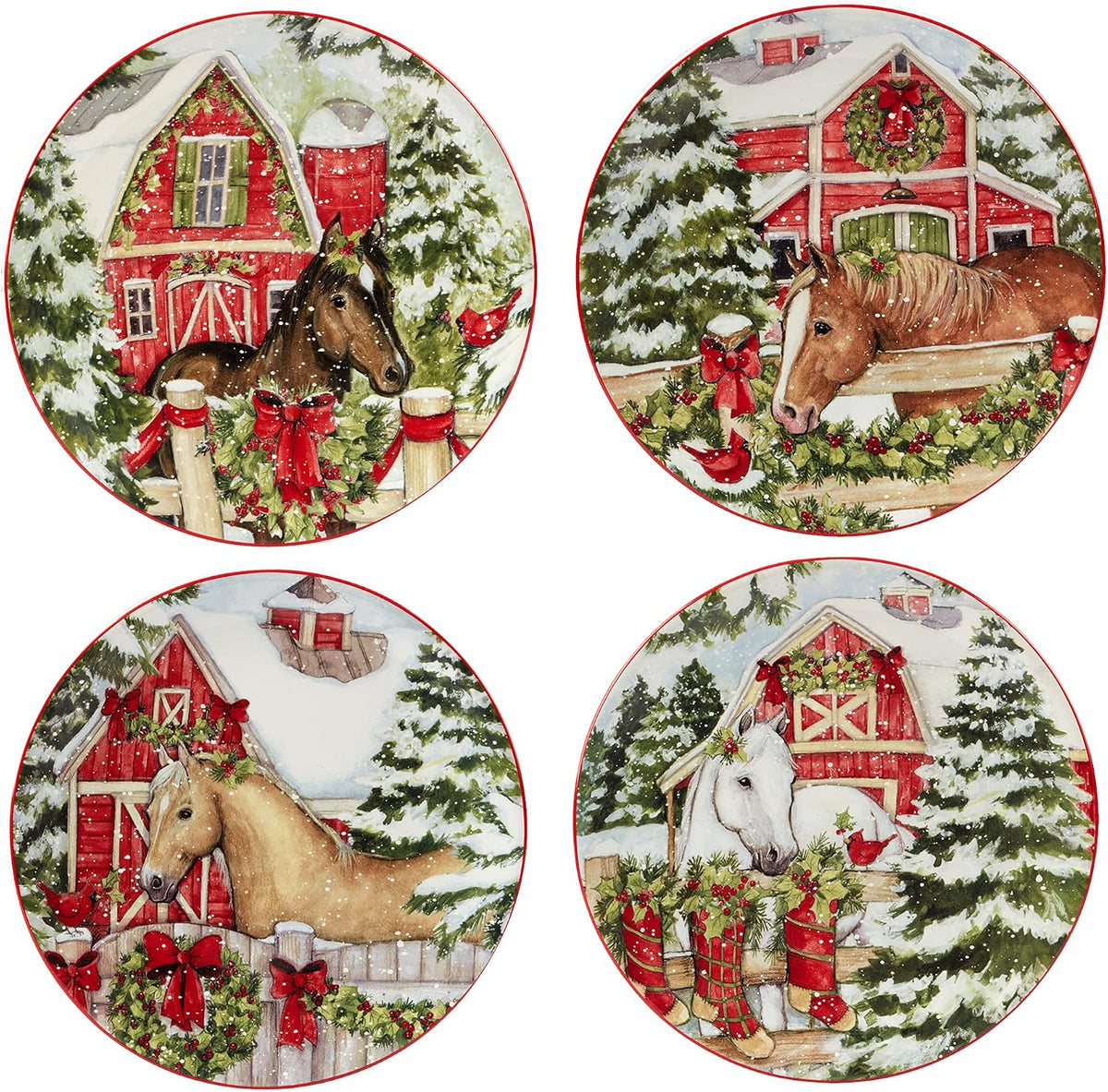 Homestead Christmas Piece Dinnerware Set - Holiday Tableware for 4 with Festive Horse & Barn Scenes - Winter