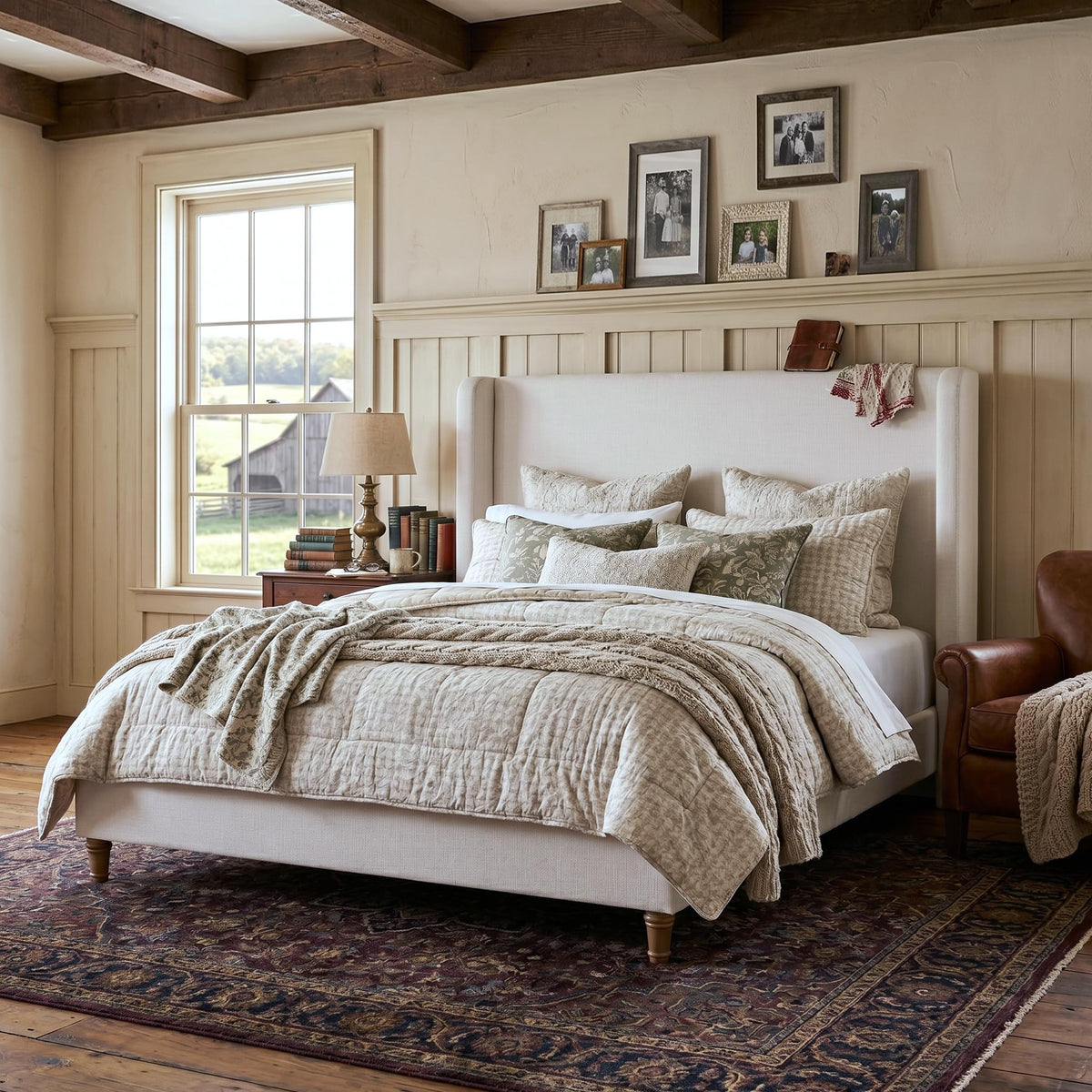 54" Tall Headboard Upholstered Platform Bed Frame with Wingback, Modern Farmhouse Tufted Fabric Bed with Solid