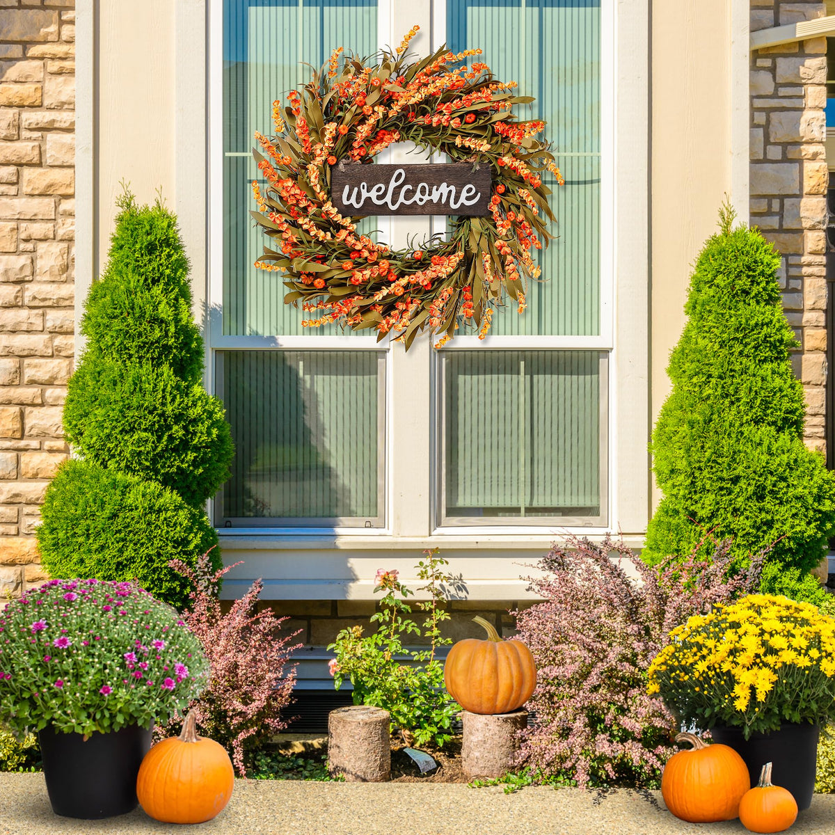 Artificial Fall Wreath - 22'' Autumn Front Door Wreath with Harvest Foam Leaves, Small Pumpkins for Outside, Indoor