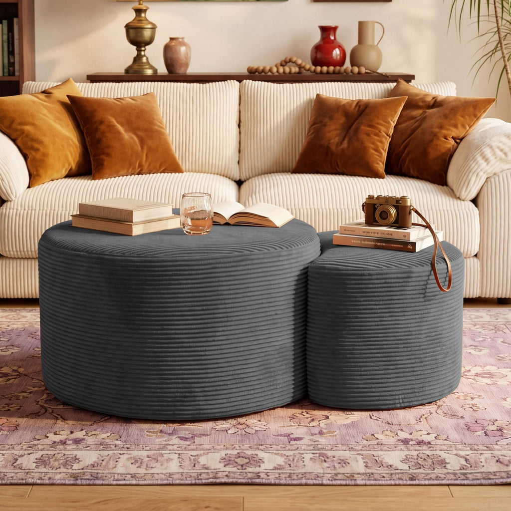 Boneless Ottoman Nesting Coffee Table Set of 2, Corduroy Soft Foot Rest Movable LargePouf Footstool Sofa Couch Bedroom