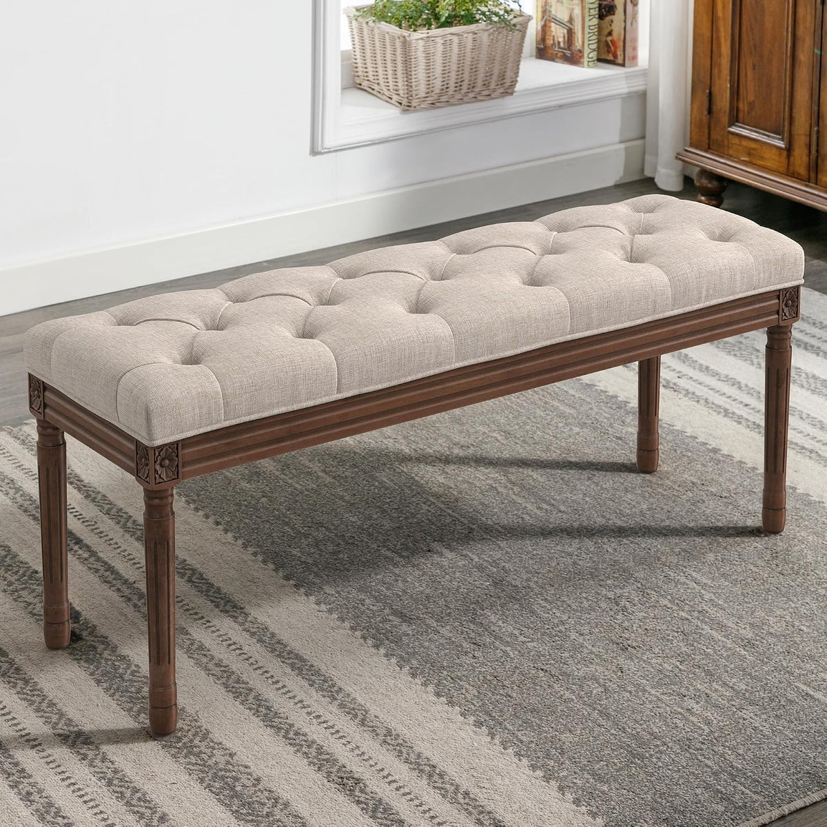 44" Bedroom Bench, Fabric End of Bed Bench, Upholstered French Tufted Ottoman Bench with Carved Dark Brown Wood Legs