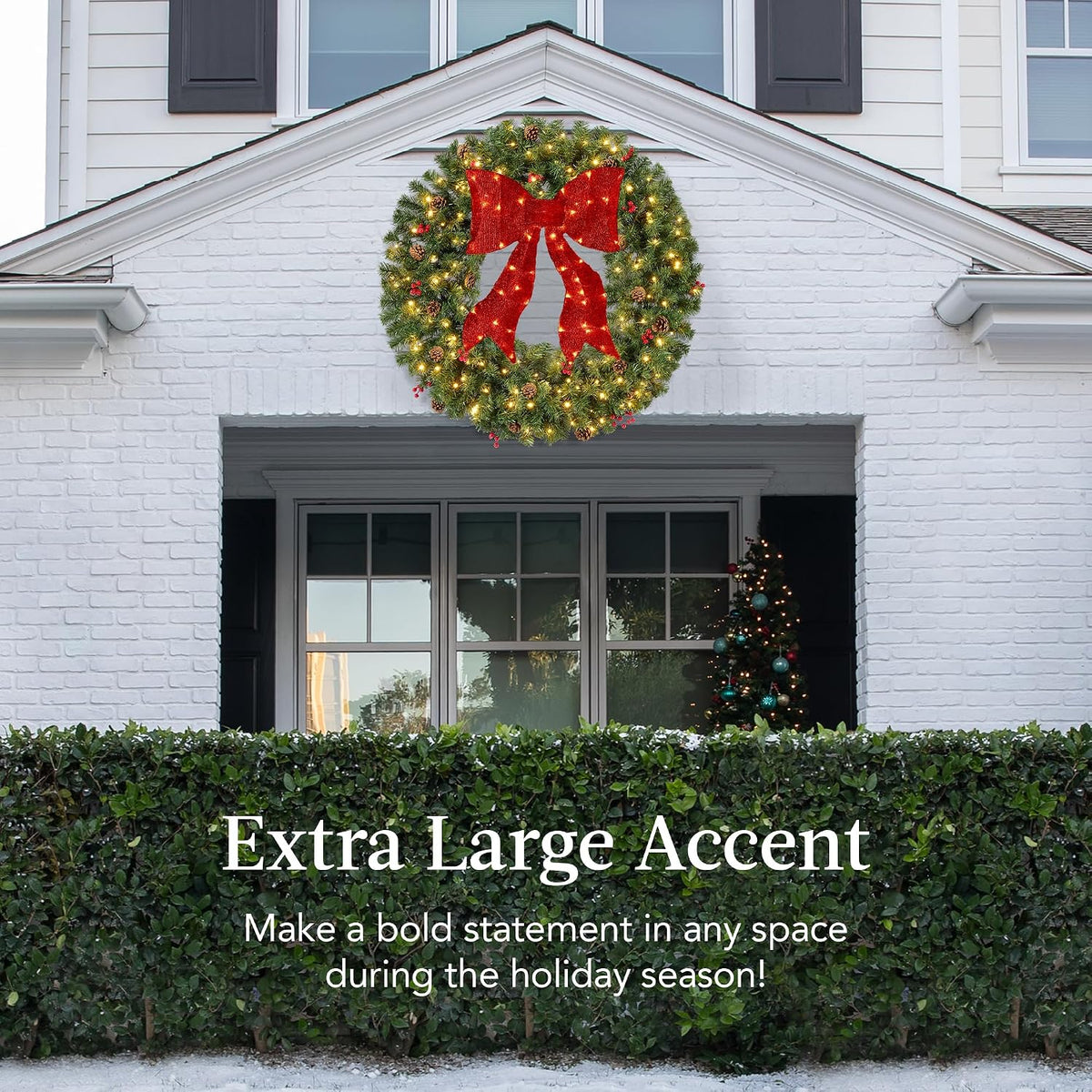 60in Pre-Lit Christmas Wreath w/Berries & Pinecones, Large Artificial Indoor/Outdoor Decor for Door, Mantel w/Red