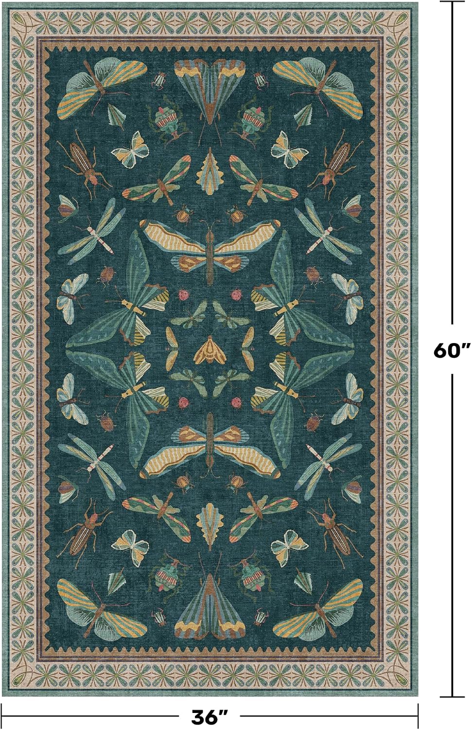 Teal Entryway Rug - Door Rug Indoor for Large Kitchen, Living Room, Washable Low Pile Insect Décor