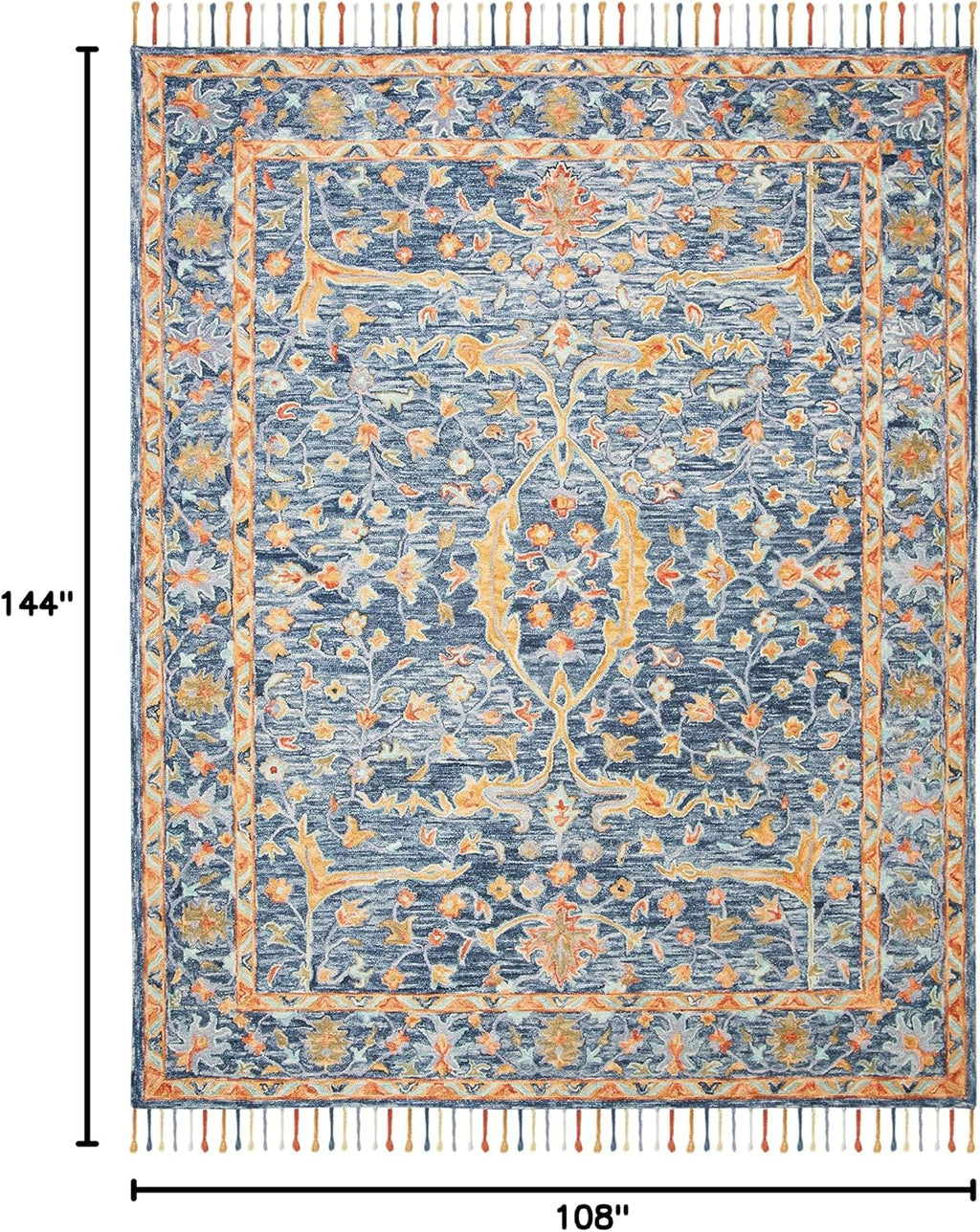 Aspen Collection Area Rug, Blue & Rust, Handmade Boho Braided Tassel Wool, Ideal for High Traffic Areas in
