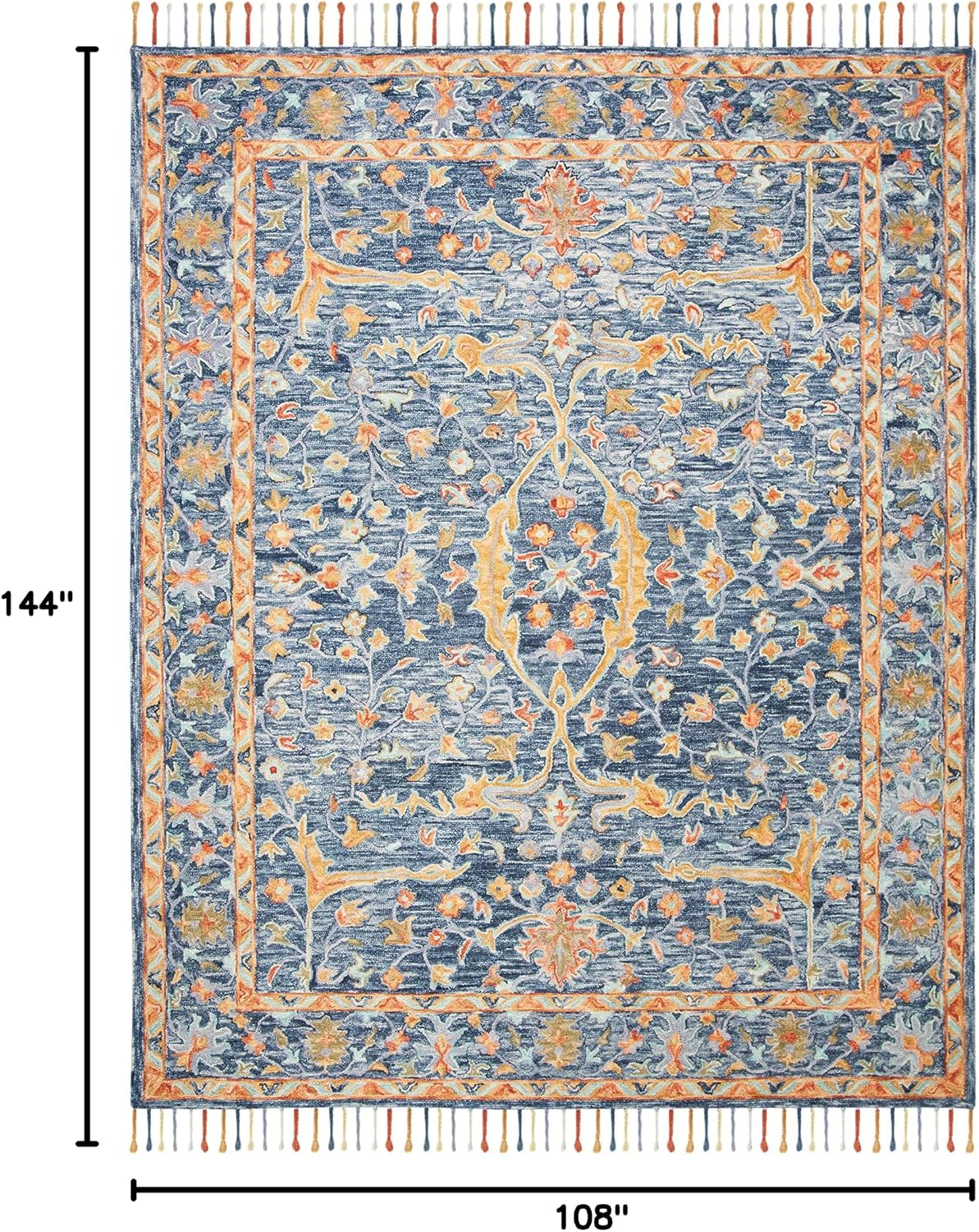Aspen Collection Area Rug, Blue & Rust, Handmade Boho Braided Tassel Wool, Ideal for High Traffic Areas in