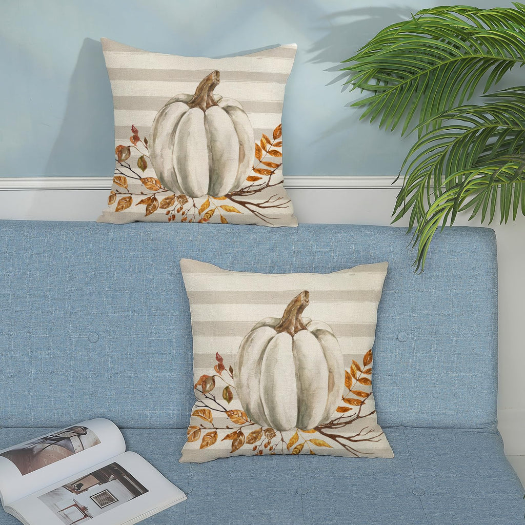 Fall Pillow Covers 24x24 Set of 2 Pumpkin Leaf Branch and Stripes Fall Decor Pillowcase Linen Autumn Thanksgiving