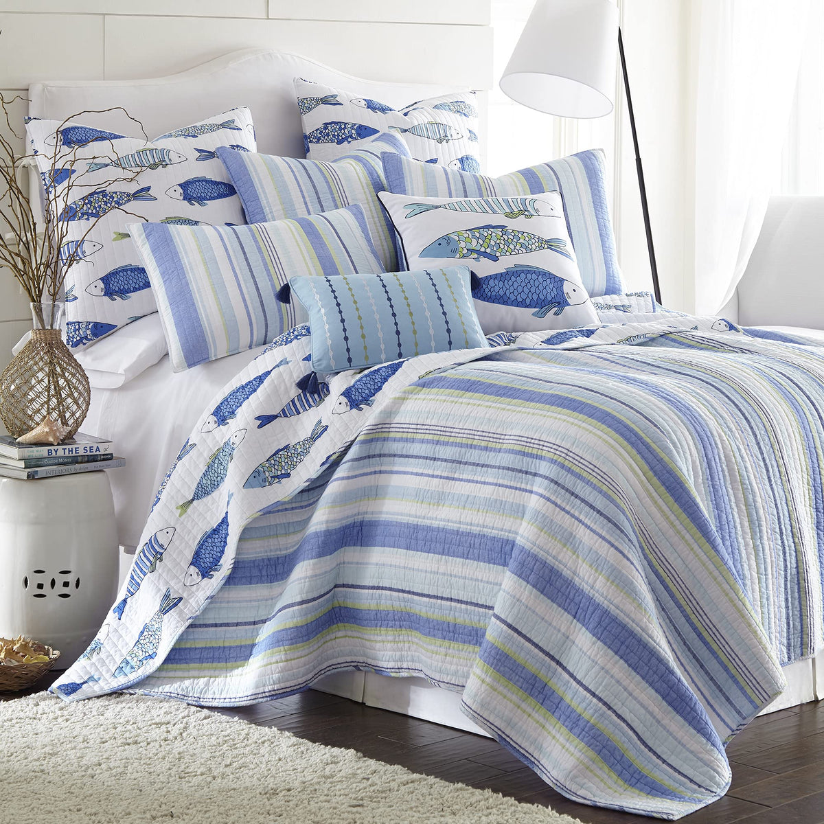 Catalina Quilt Set - Quilt (68x86in.) + One Standard Pillow Sham (26x20in.) - Striped Coastal Pattern in