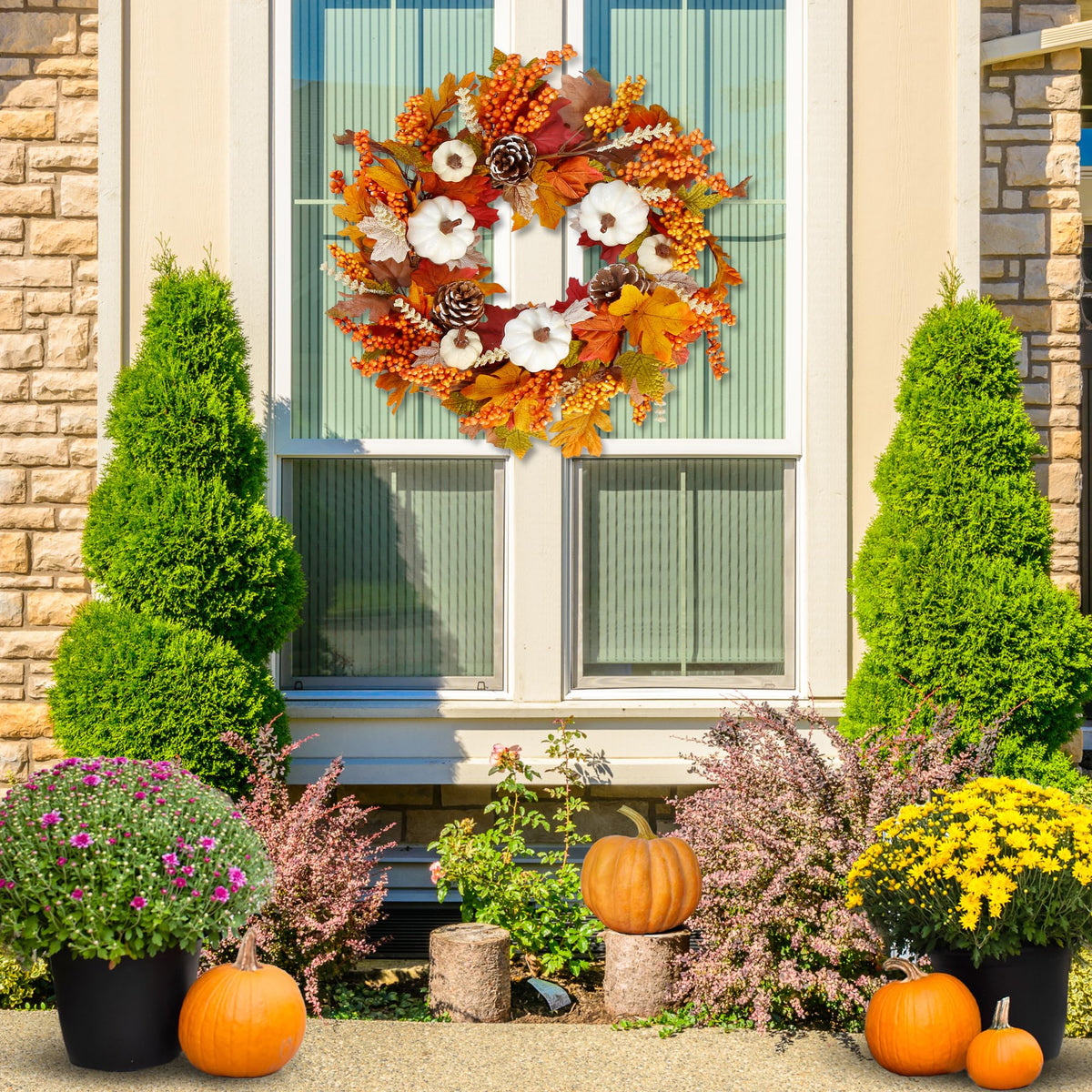 Fall Wreath 20'' Autumn Front Door Wreath Harvest Wreath with White Pumpkins Berries Maple Leaves Pine Cones Grain