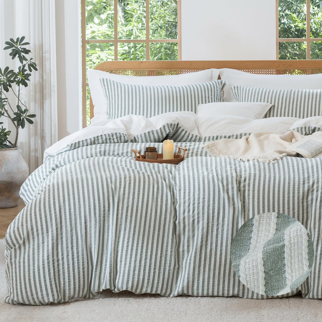 Jacquard Striped Duvet Cover Set 3pcs Dual Zipper Sage King