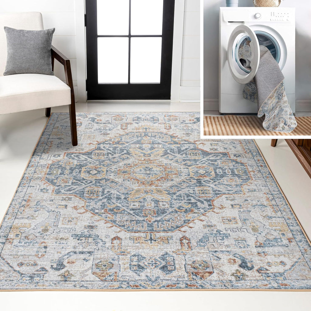 Machine Washable Indoor Area Rug Cream/Blue/Terra, Shaemus Bohemian Medallion Low-Pile, Easy-Cleaning
