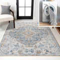 Machine Washable Indoor Area Rug Cream/Blue/Terra, Shaemus Bohemian Medallion Low-Pile, Easy-Cleaning